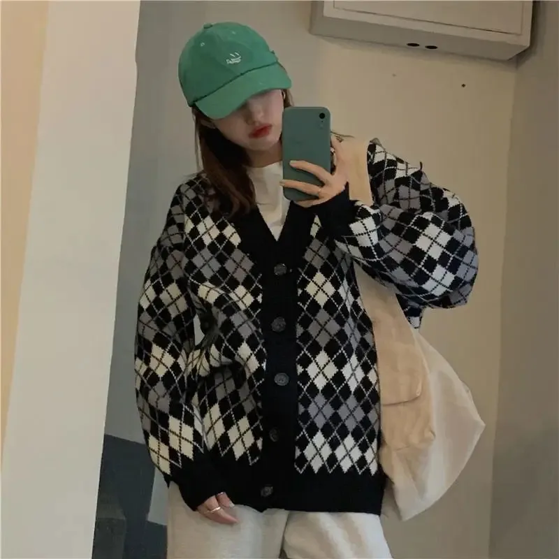 Pastel Argyle Pattern Long Sleeve Buton Up Knitted Cardigan