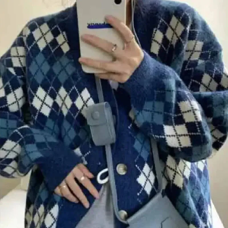 Pastel Argyle Pattern Long Sleeve Buton Up Knitted Cardigan
