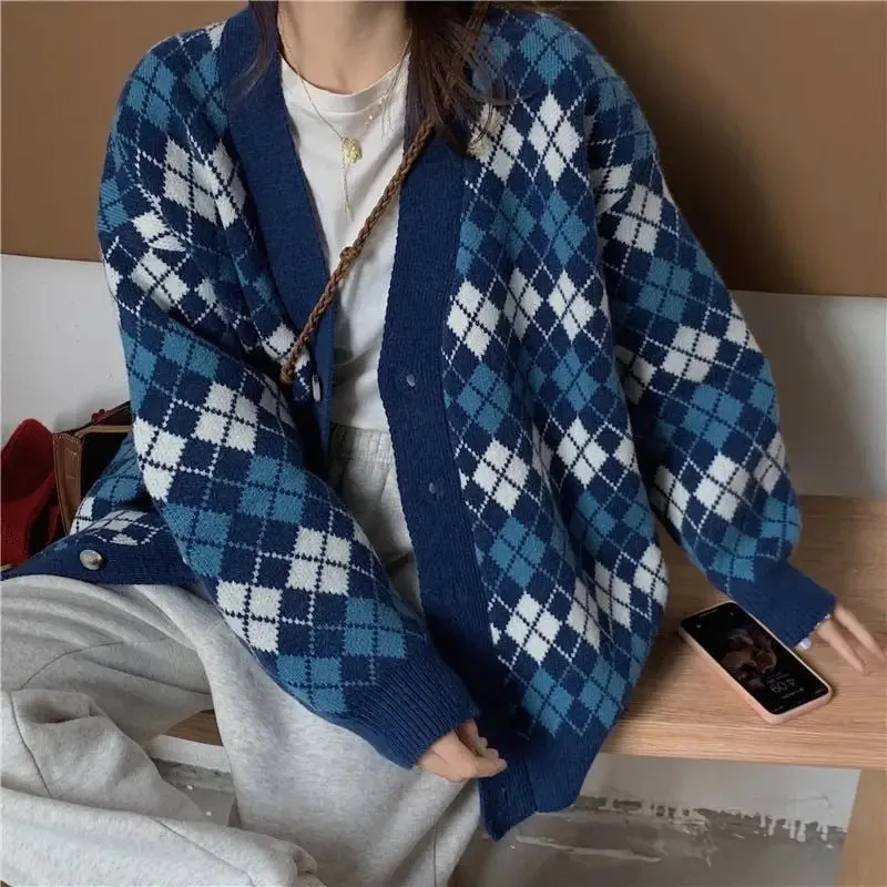 Pastel Argyle Pattern Long Sleeve Buton Up Knitted Cardigan