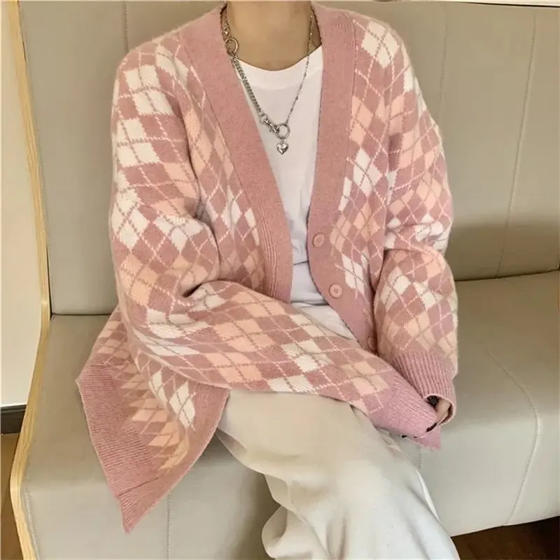 Pastel Argyle Pattern Long Sleeve Buton Up Knitted Cardigan