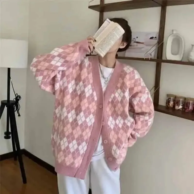 Pastel Argyle Pattern Long Sleeve Buton Up Knitted Cardigan
