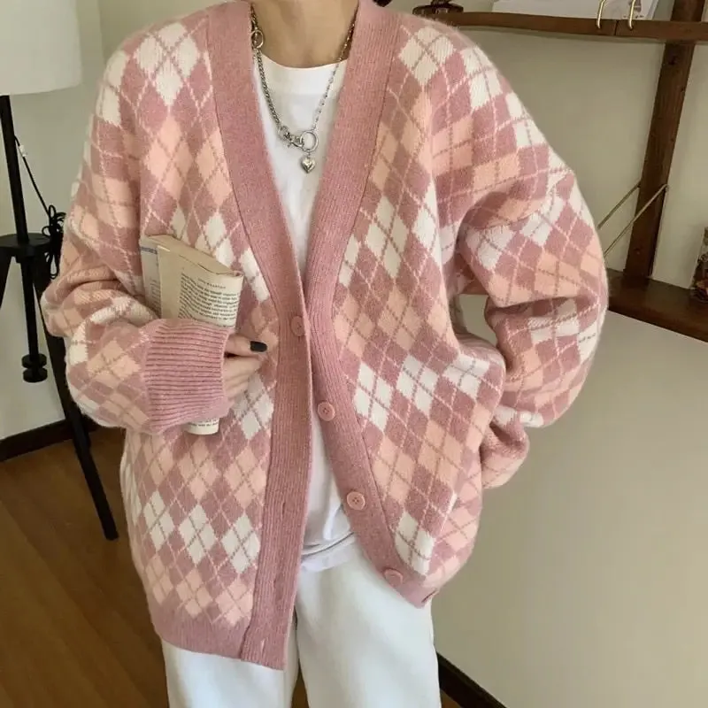 Pastel Argyle Pattern Long Sleeve Buton Up Knitted Cardigan