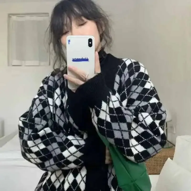 Pastel Argyle Pattern Long Sleeve Buton Up Knitted Cardigan