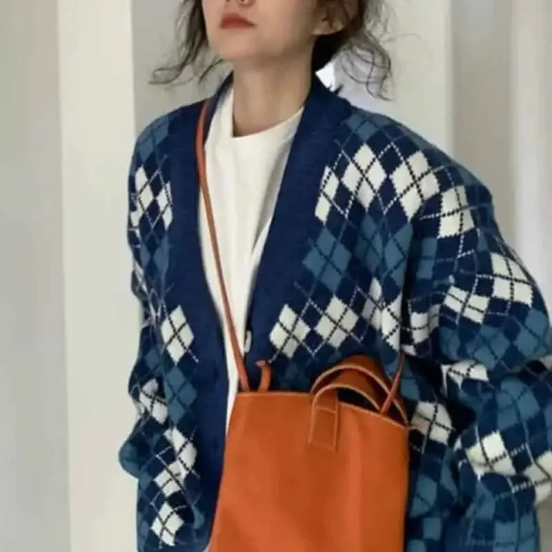 Pastel Argyle Pattern Long Sleeve Buton Up Knitted Cardigan