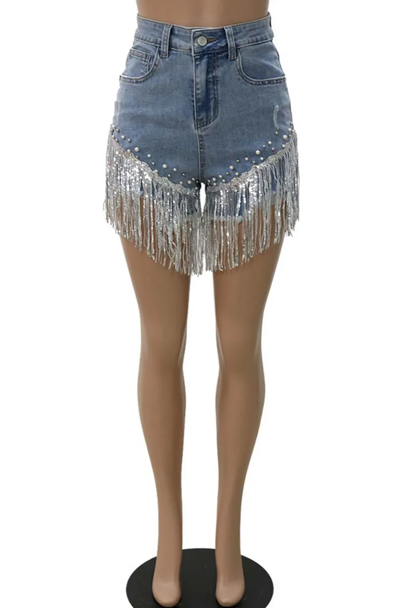 PC684 High Rise Fringe Hem Denim Shorts
