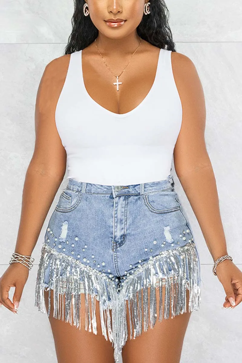 PC684 High Rise Fringe Hem Denim Shorts