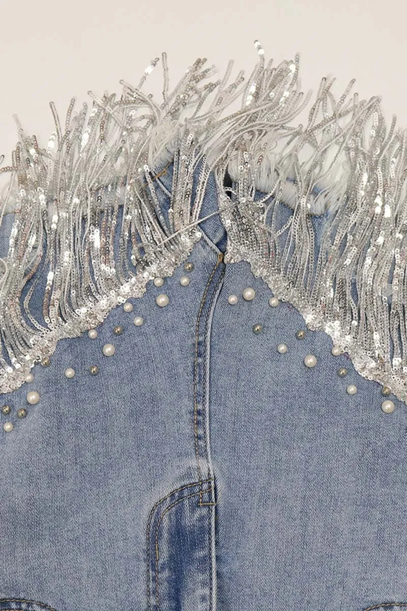 PC684 High Rise Fringe Hem Denim Shorts