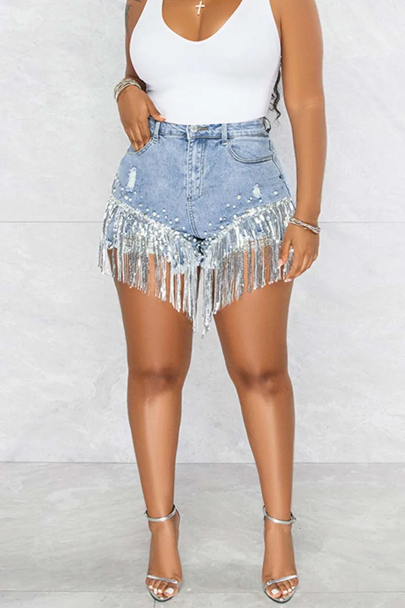 PC684 High Rise Fringe Hem Denim Shorts