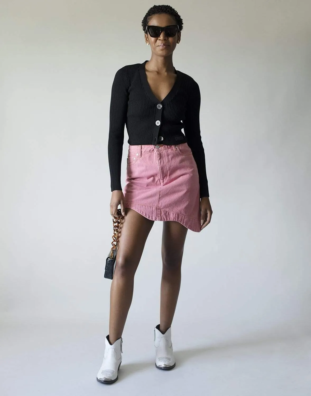 Pink Denim High-Waisted Asymmetrical Mini Skirt