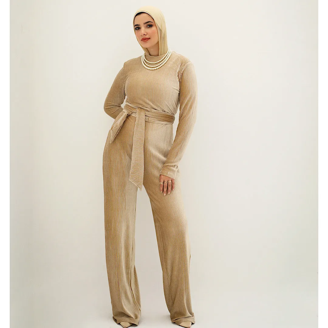 Pleated velvet golden jumpsuit