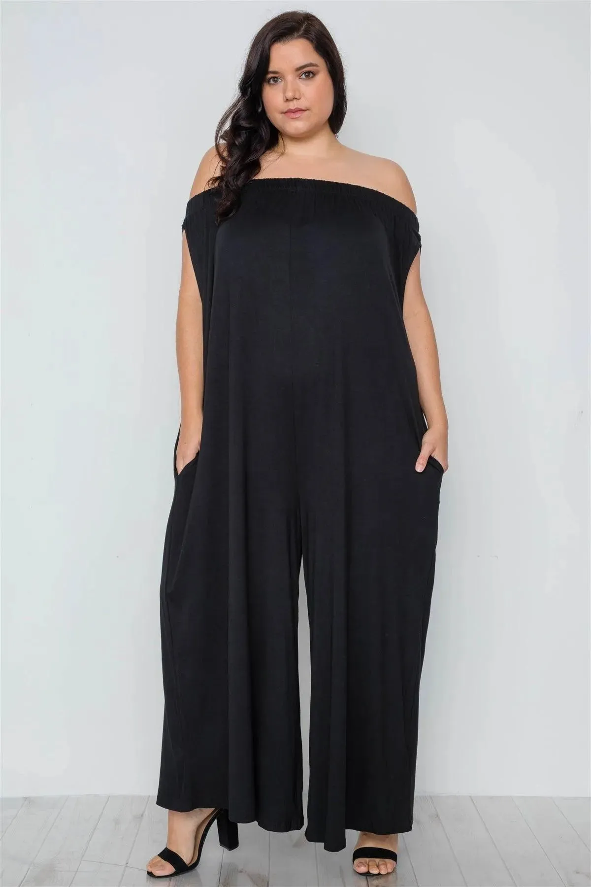 Plus Size Black Basic Off-The-Shoulder Jumpsuit /2-2
