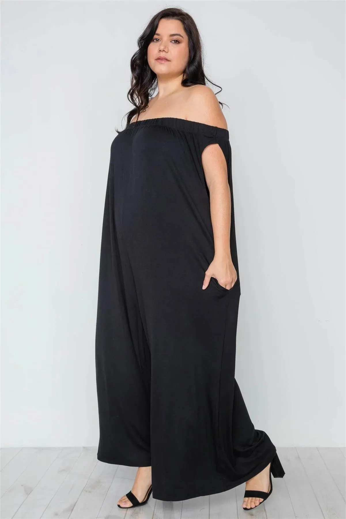 Plus Size Black Basic Off-The-Shoulder Jumpsuit /2-2