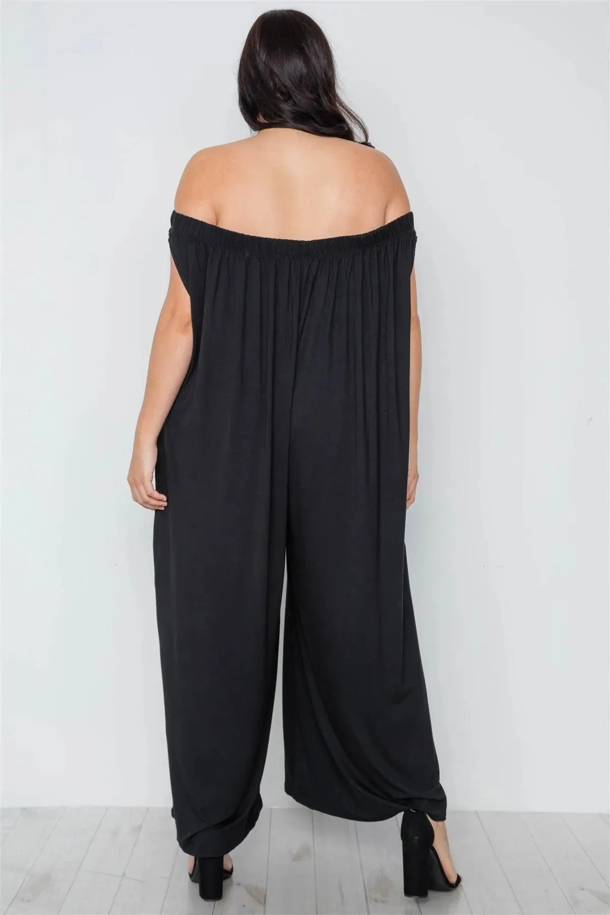 Plus Size Black Basic Off-The-Shoulder Jumpsuit /2-2