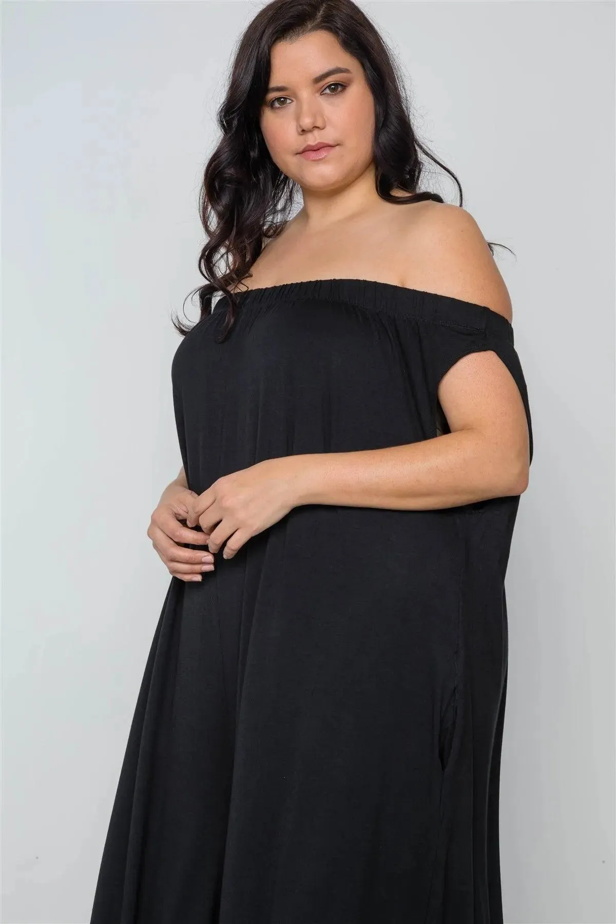 Plus Size Black Basic Off-The-Shoulder Jumpsuit /2-2