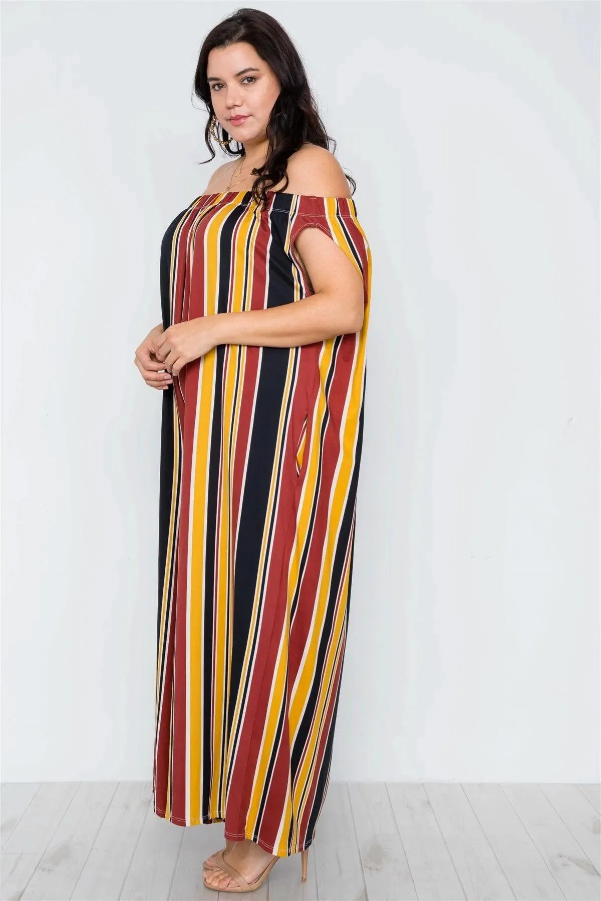 Plus Size Mustard Brown Off-The-Shoulder Stripe Jumpsuit