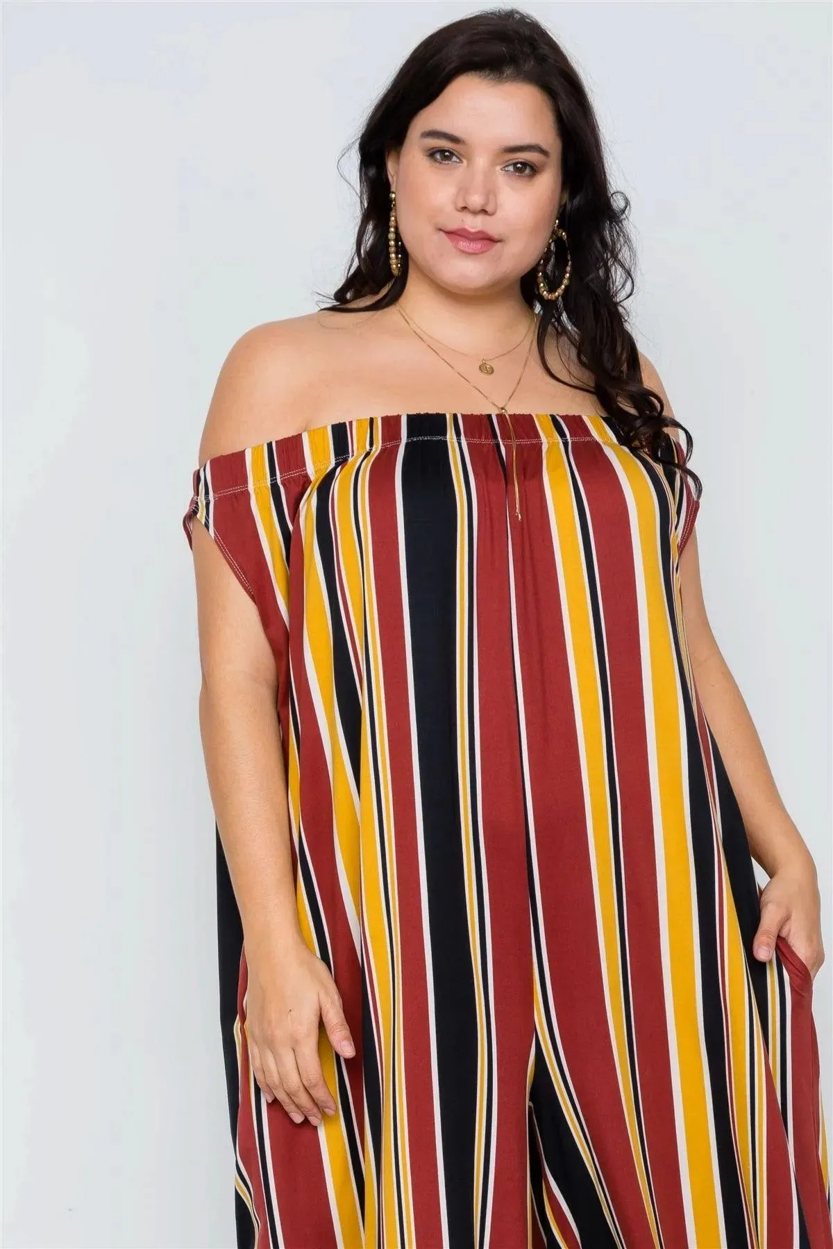 Plus Size Mustard Brown Off-The-Shoulder Stripe Jumpsuit