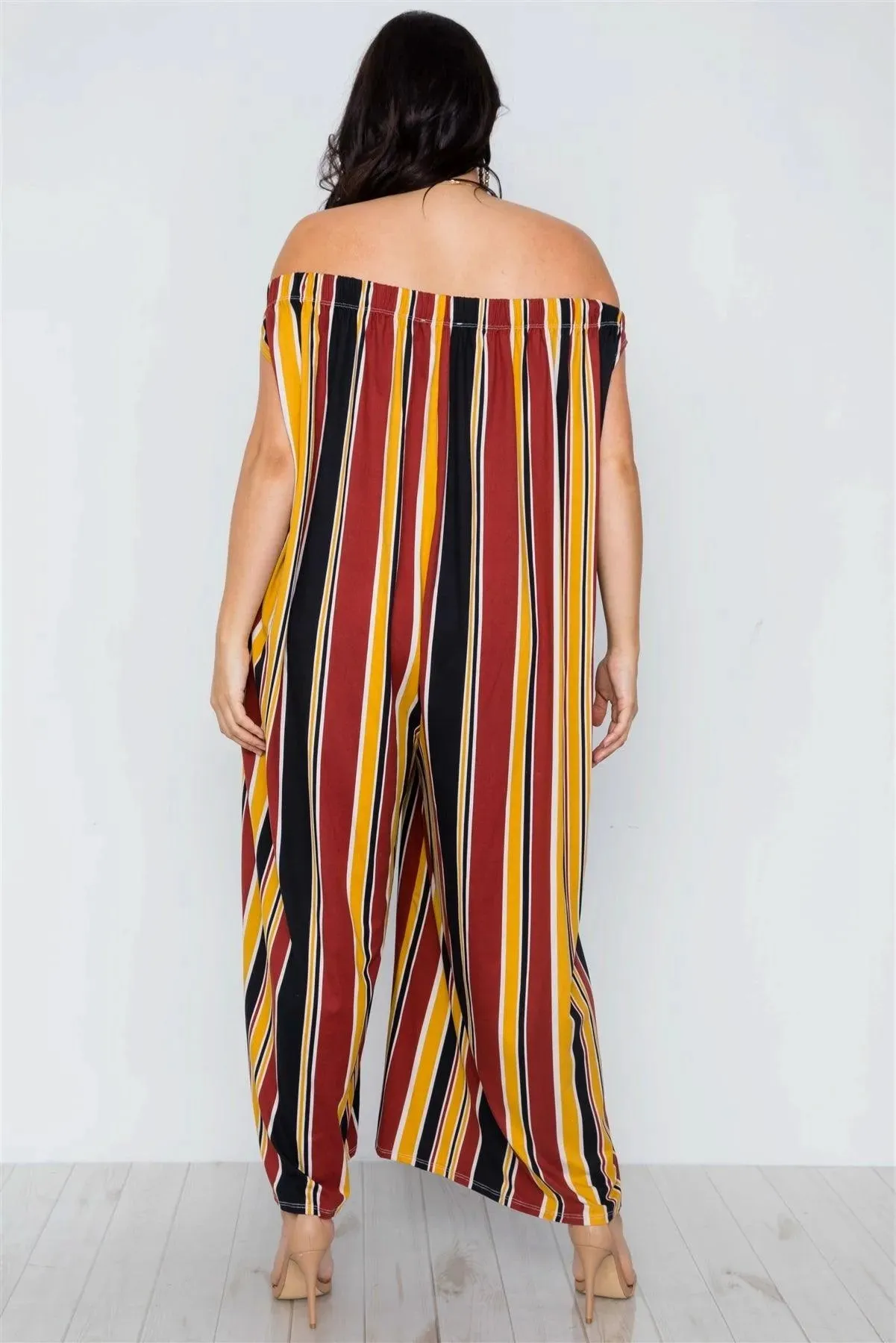 Plus Size Mustard Brown Off-The-Shoulder Stripe Jumpsuit