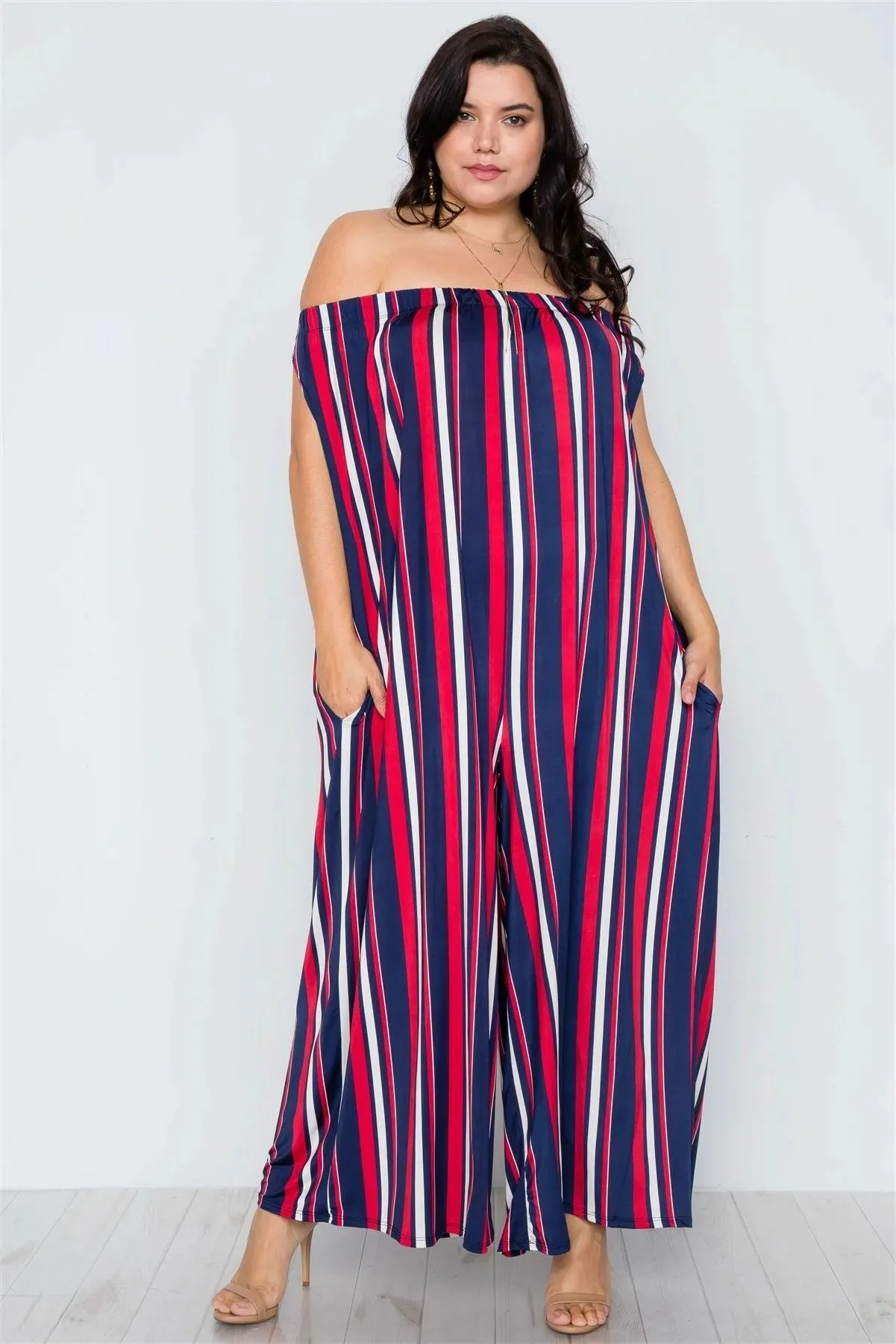 Plus Size Navy Red Off-The-Shoulder Stripe Jumpsuit / 2-2-2
