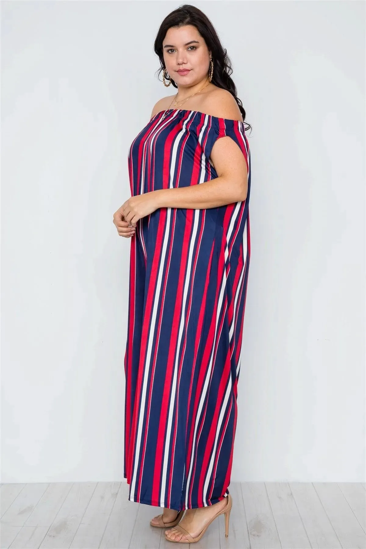 Plus Size Navy Red Off-The-Shoulder Stripe Jumpsuit / 2-2-2