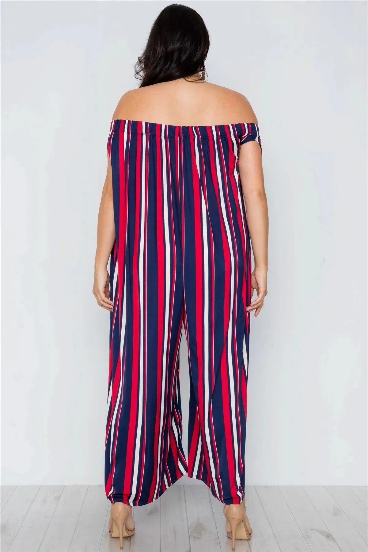 Plus Size Navy Red Off-The-Shoulder Stripe Jumpsuit / 2-2-2
