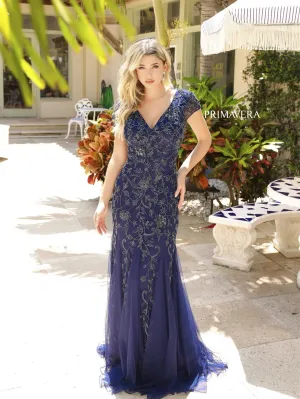 Primavera Couture 13112 Short Sleeve V-Neck Mermaid Embellished Mother Of The Bride Dress