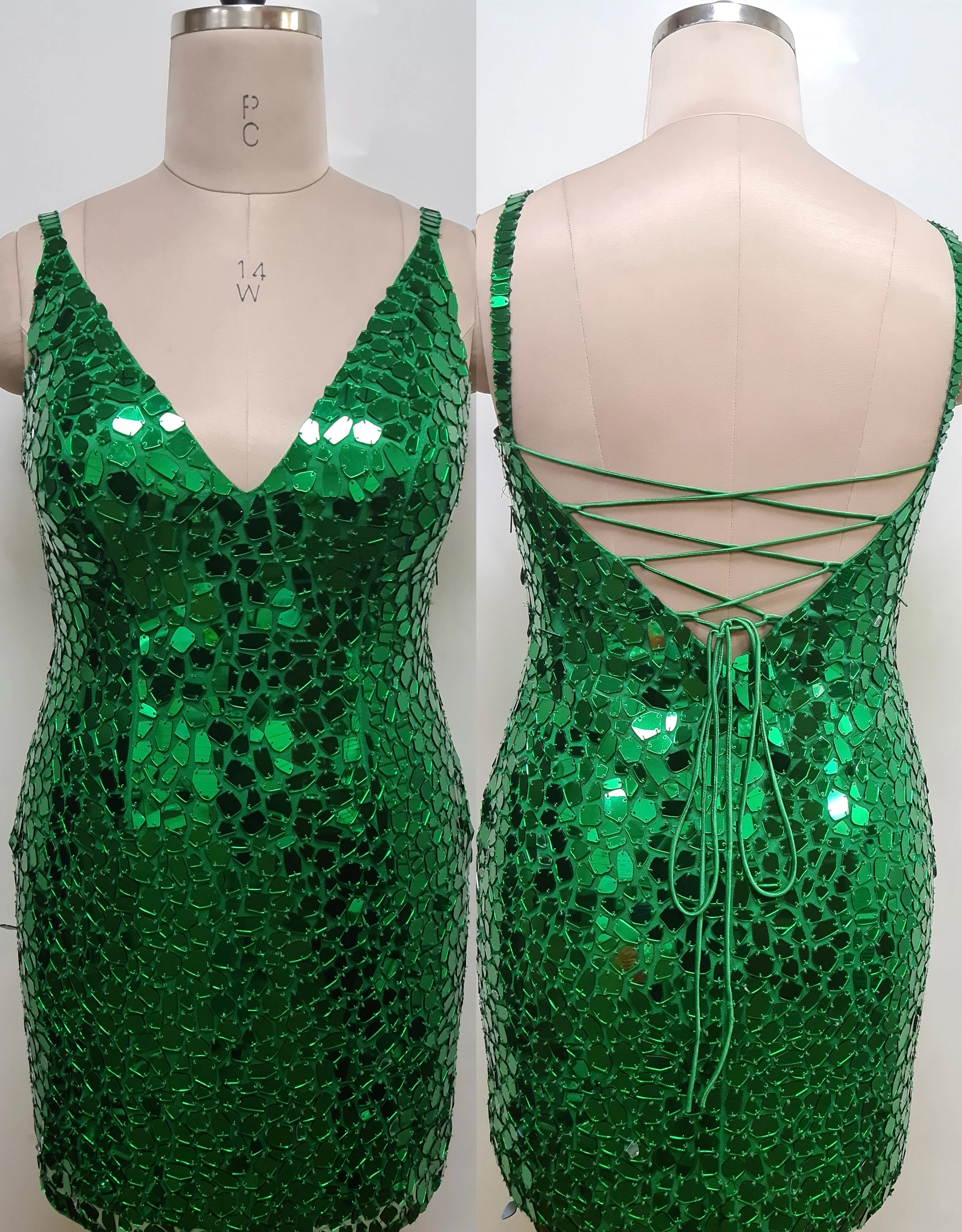 Primavera Couture 14032 Curvy Cocktail Dress Cut Glass Spaghetti Strap Open Tie Back Deep V-Neck Curvy Homecoming Cocktail Dress