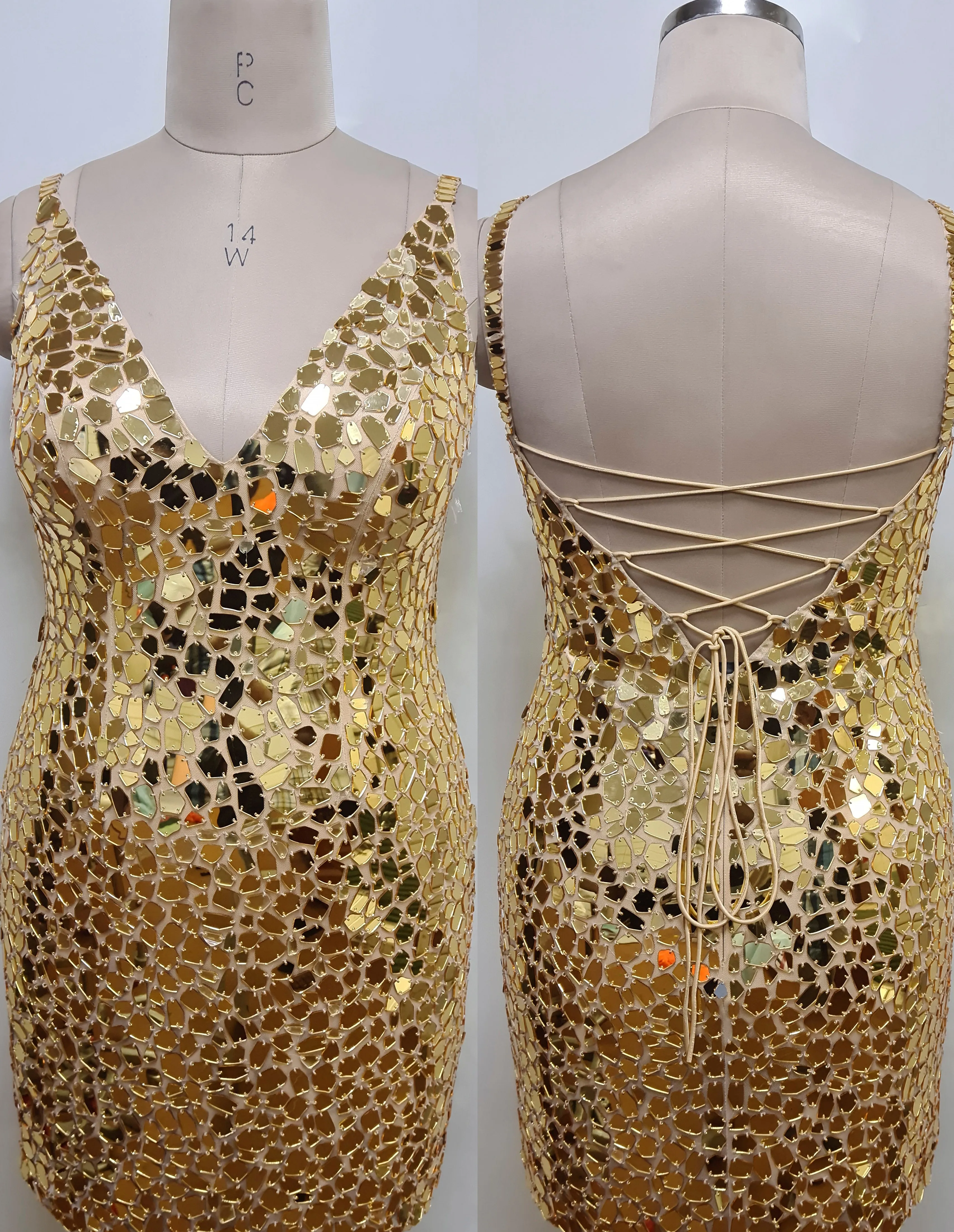 Primavera Couture 14032 Curvy Cocktail Dress Cut Glass Spaghetti Strap Open Tie Back Deep V-Neck Curvy Homecoming Cocktail Dress