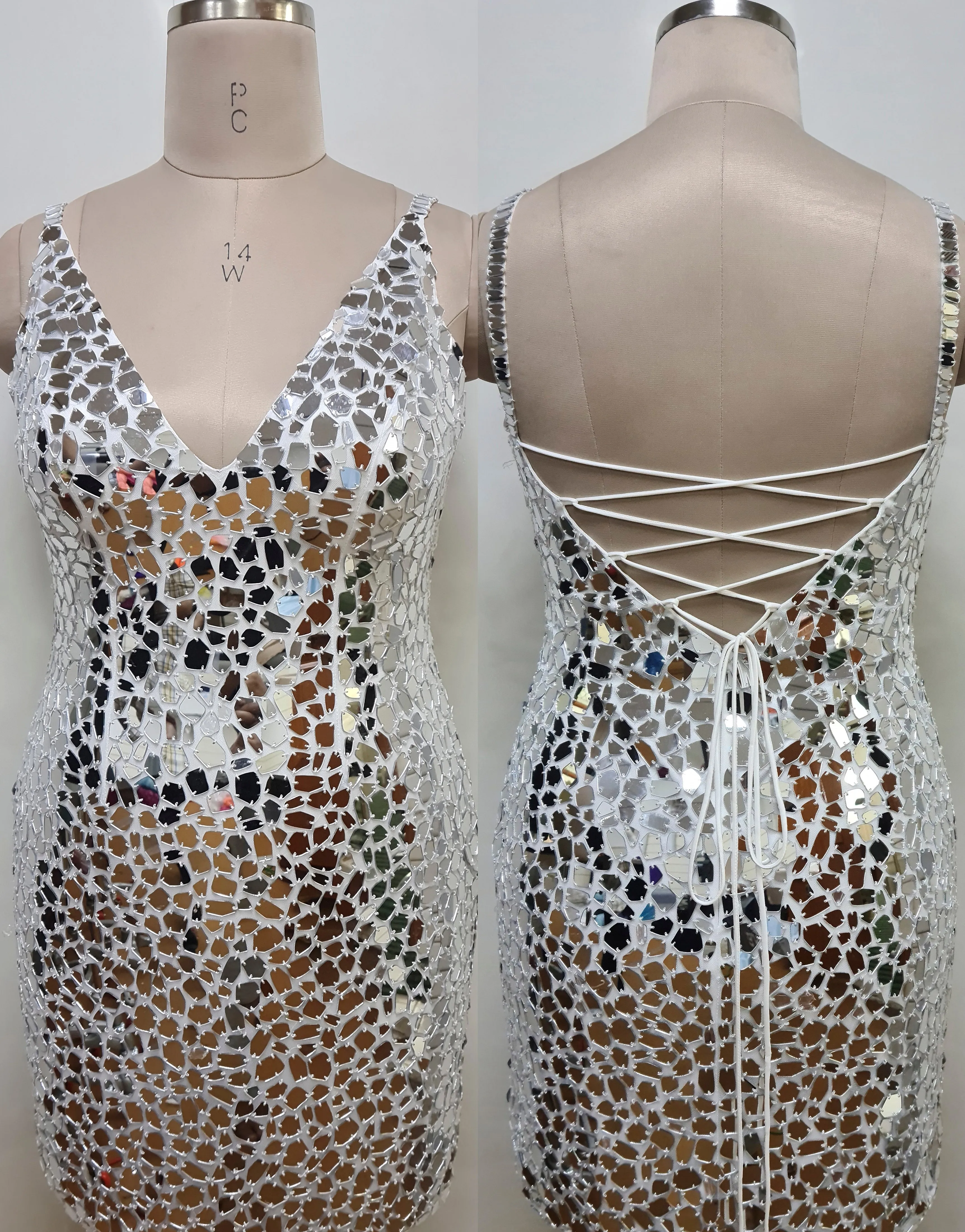 Primavera Couture 14032 Curvy Cocktail Dress Cut Glass Spaghetti Strap Open Tie Back Deep V-Neck Curvy Homecoming Cocktail Dress