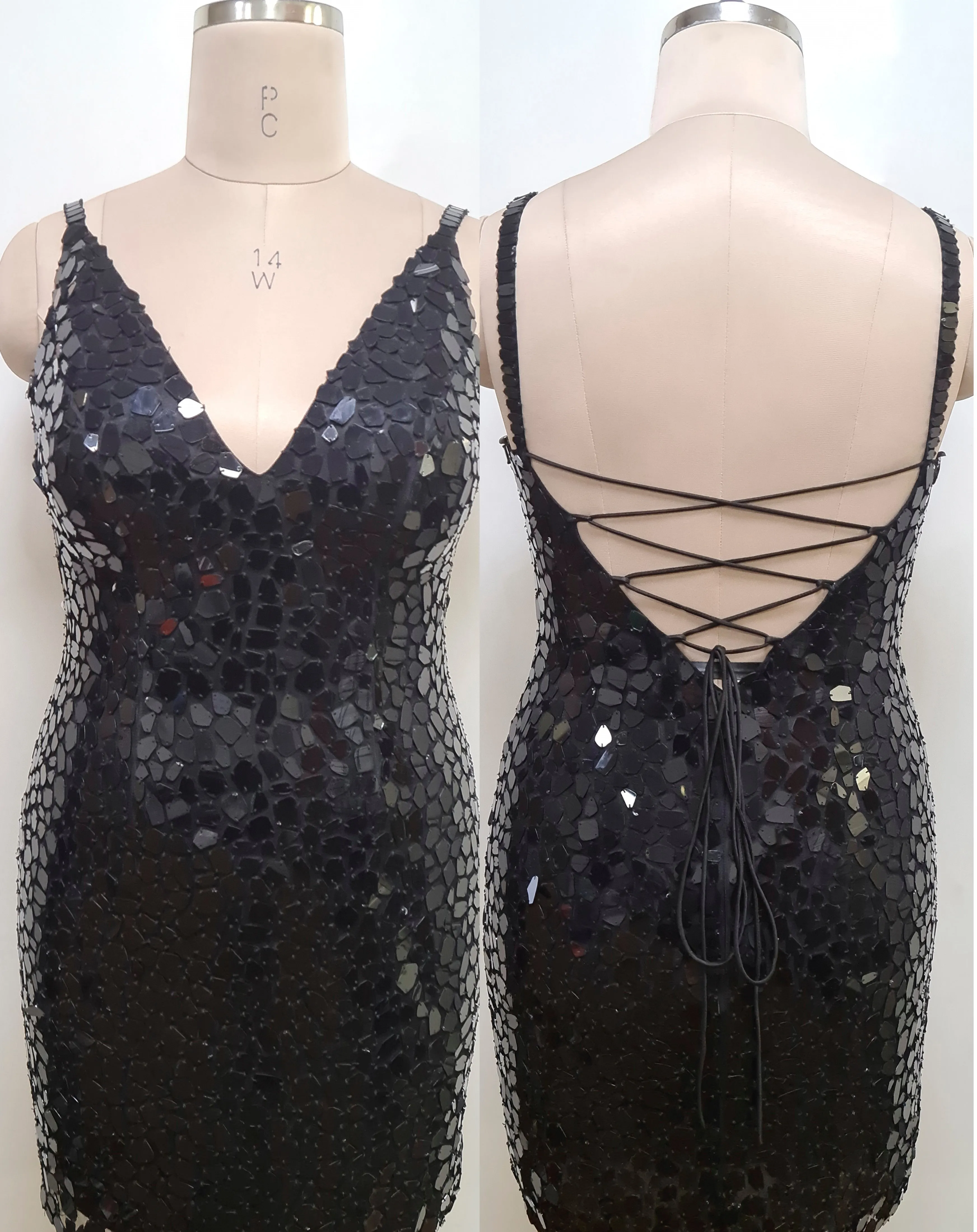 Primavera Couture 14032 Curvy Cocktail Dress Cut Glass Spaghetti Strap Open Tie Back Deep V-Neck Curvy Homecoming Cocktail Dress