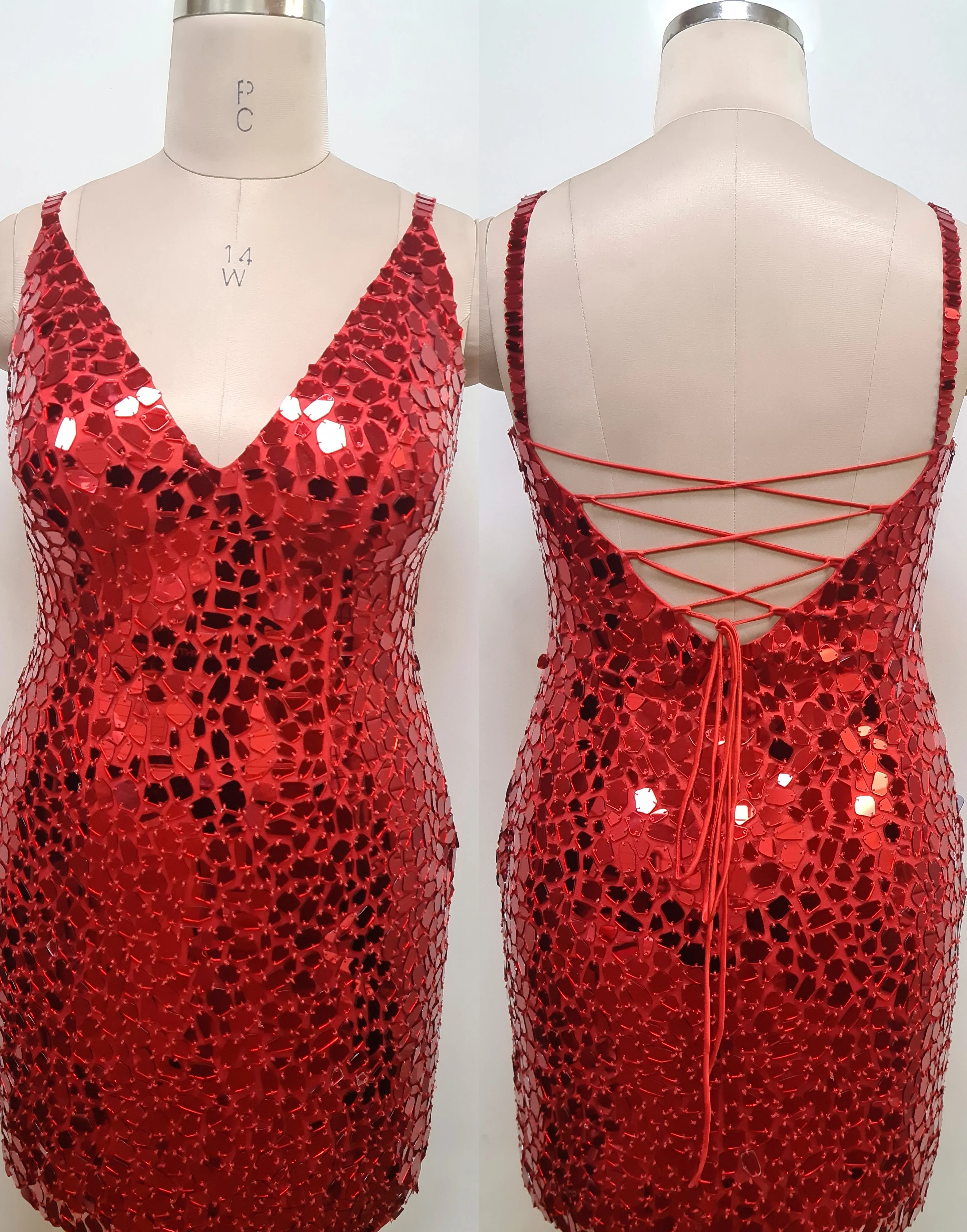 Primavera Couture 14032 Size 16 Royal Curvy Cocktail Dress Cut Glass Spaghetti Strap Open Tie Back Deep V-Neck Curvy Homecoming Cocktail Dress