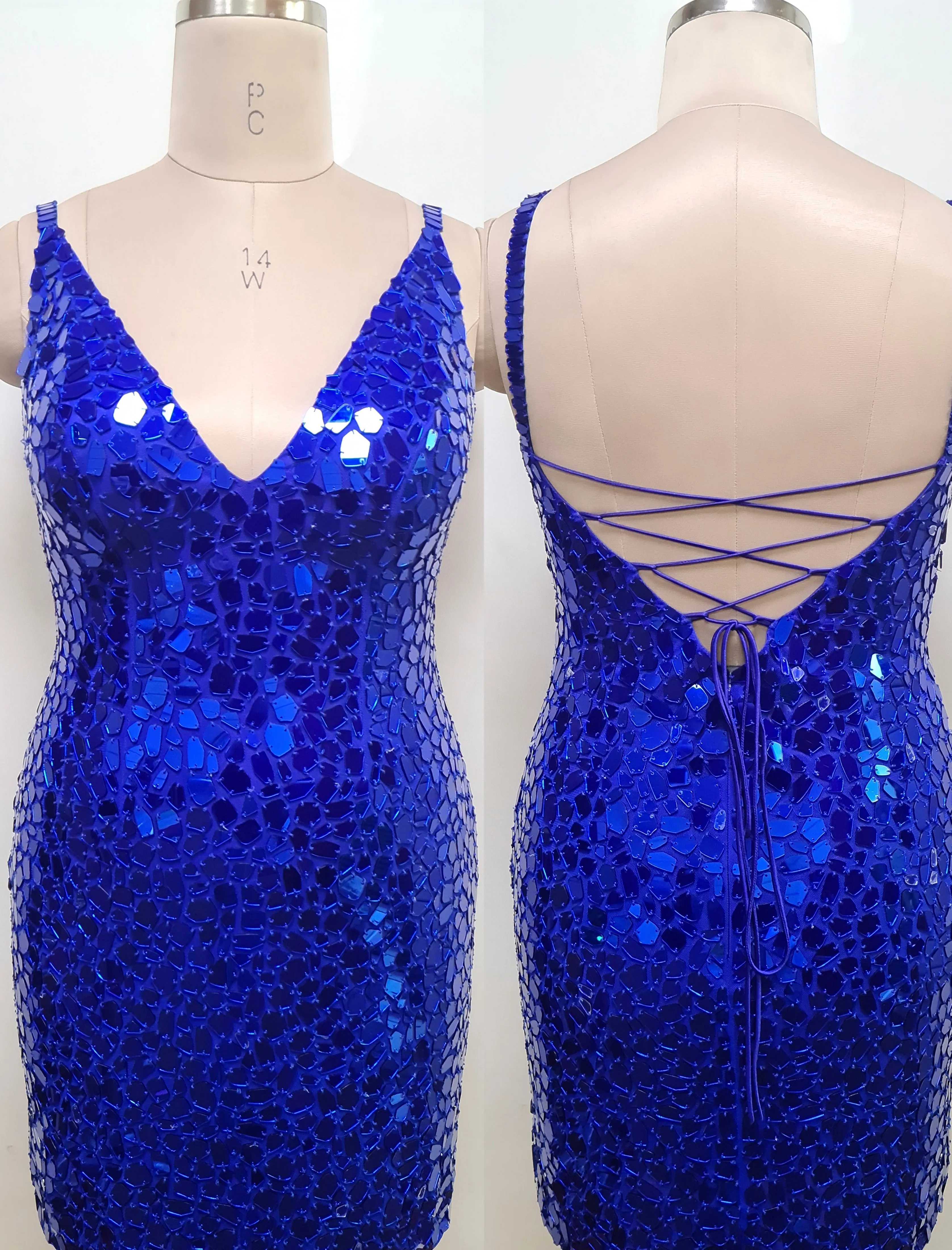 Primavera Couture 14032 Size 16 Royal Curvy Cocktail Dress Cut Glass Spaghetti Strap Open Tie Back Deep V-Neck Curvy Homecoming Cocktail Dress