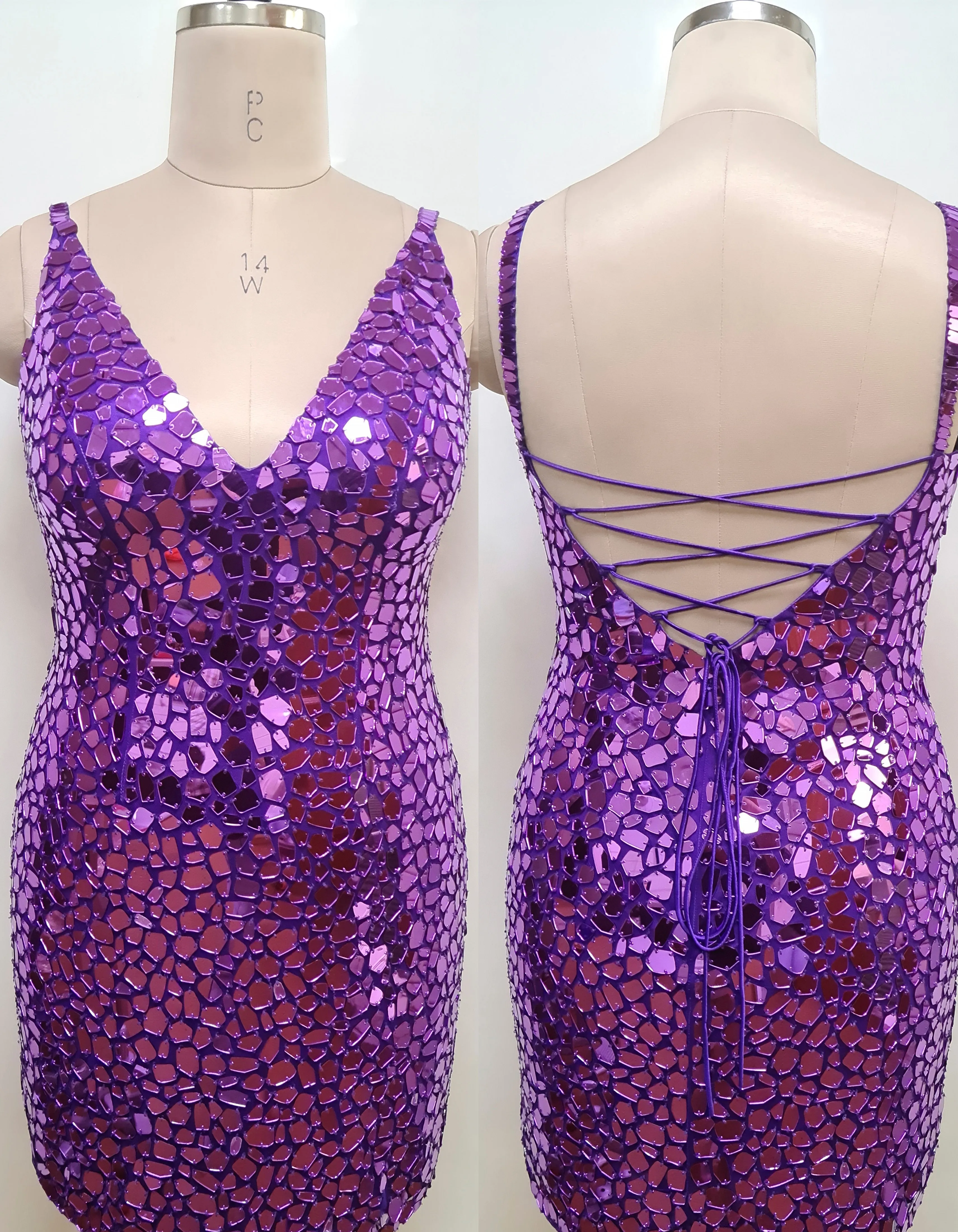 Primavera Couture 14032 Size 16 Royal Curvy Cocktail Dress Cut Glass Spaghetti Strap Open Tie Back Deep V-Neck Curvy Homecoming Cocktail Dress