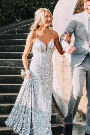 Promfast Silver Sequin Spaghetti Straps Mermaid Long Prom Dresses, Backless Evening Gown PFP2244