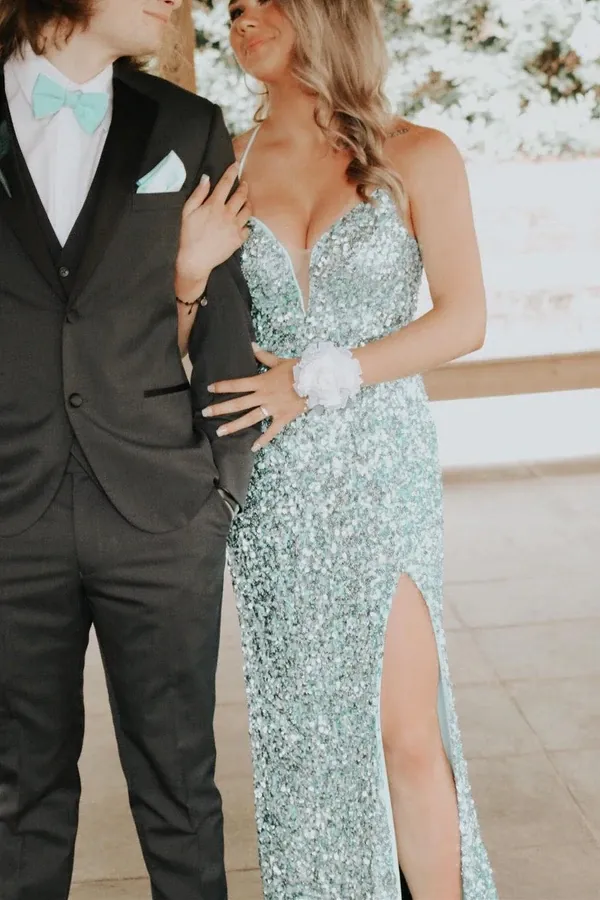 Promfast Silver Sequin Spaghetti Straps Mermaid Long Prom Dresses, Backless Evening Gown PFP2244