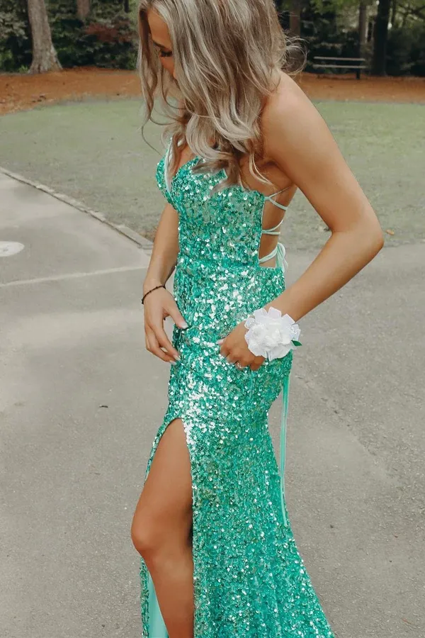 Promfast Silver Sequin Spaghetti Straps Mermaid Long Prom Dresses, Backless Evening Gown PFP2244