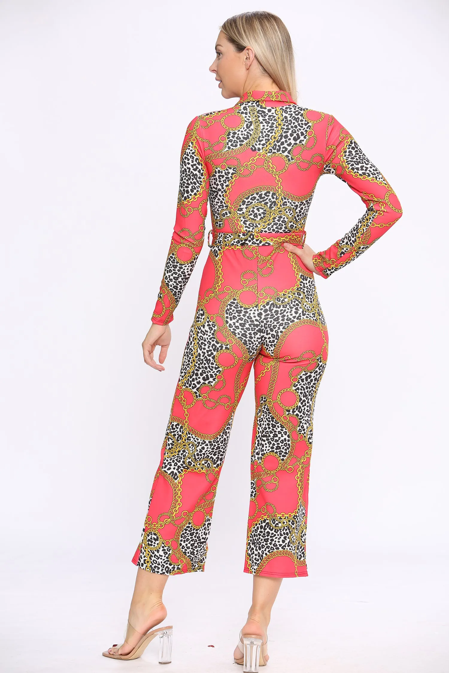 Red Print Long Sleeve Wide Leg Jumpsuit