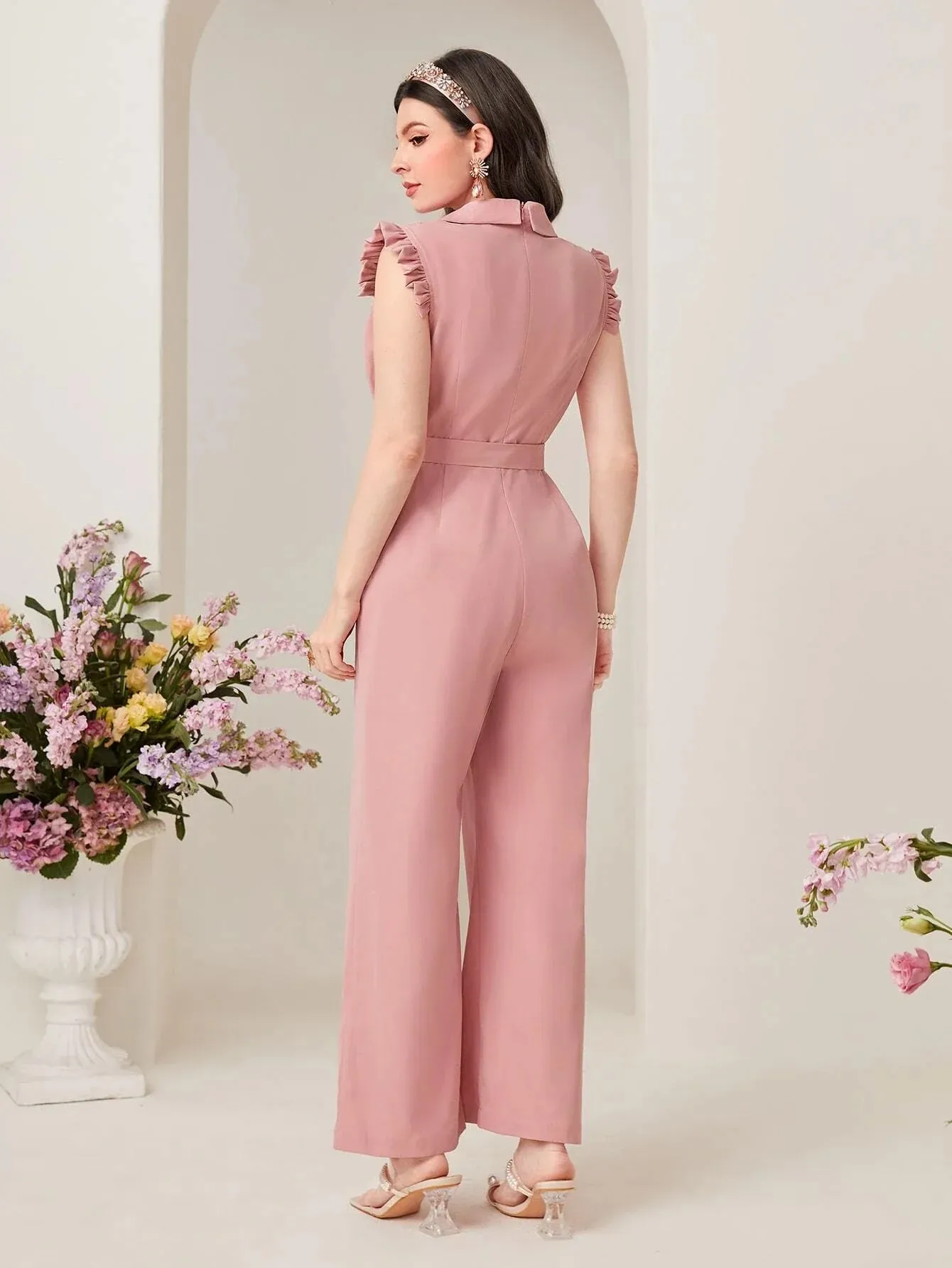 SHEIN Modely Solid Belted Wide Leg Jumpsuit