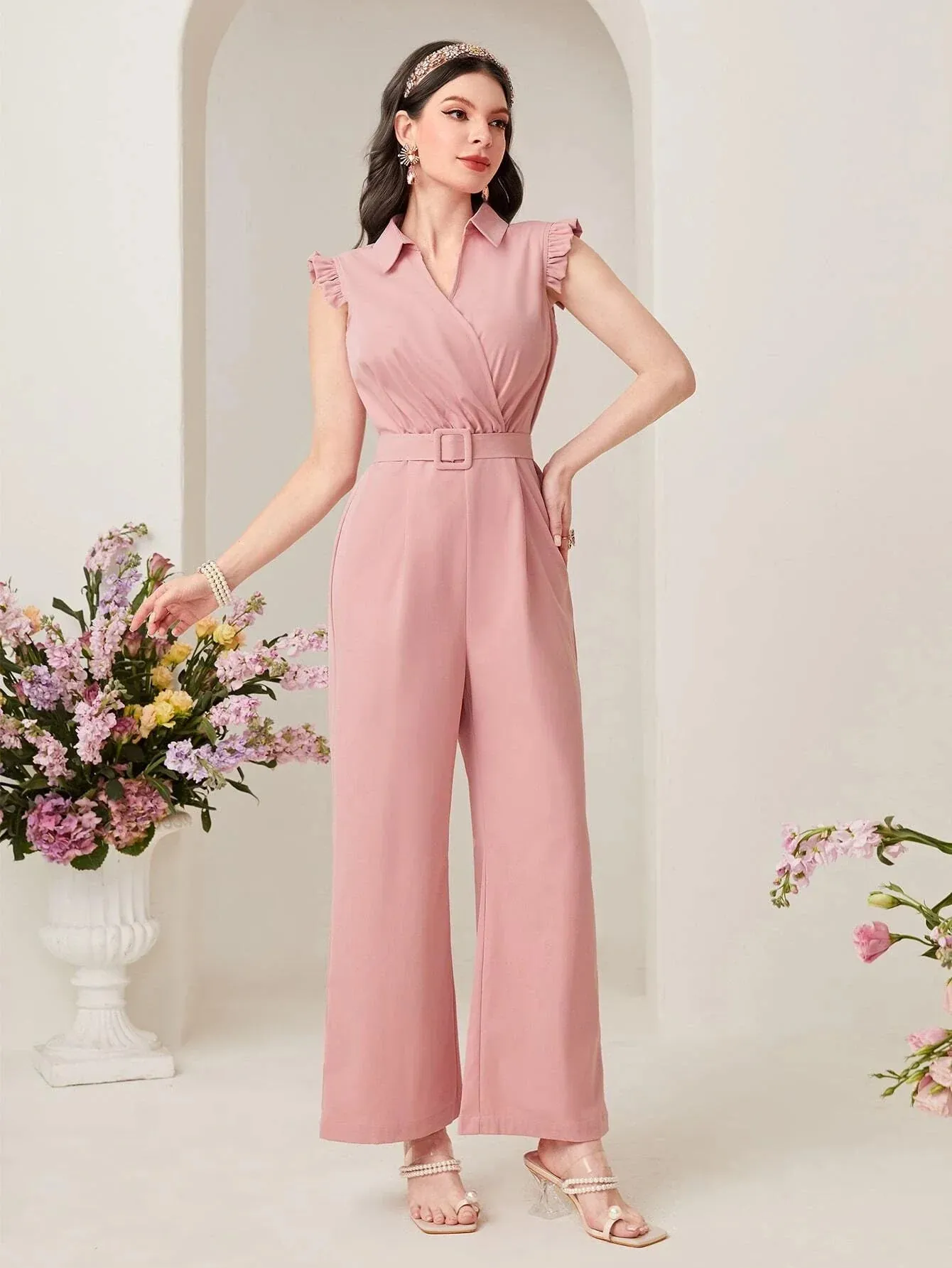 SHEIN Modely Solid Belted Wide Leg Jumpsuit