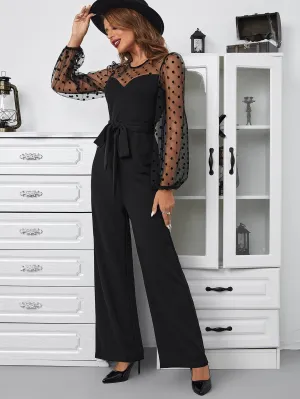 SHEIN Privé Contrast Dobby Mesh Lantern Sleeve Belted Jumpsuit