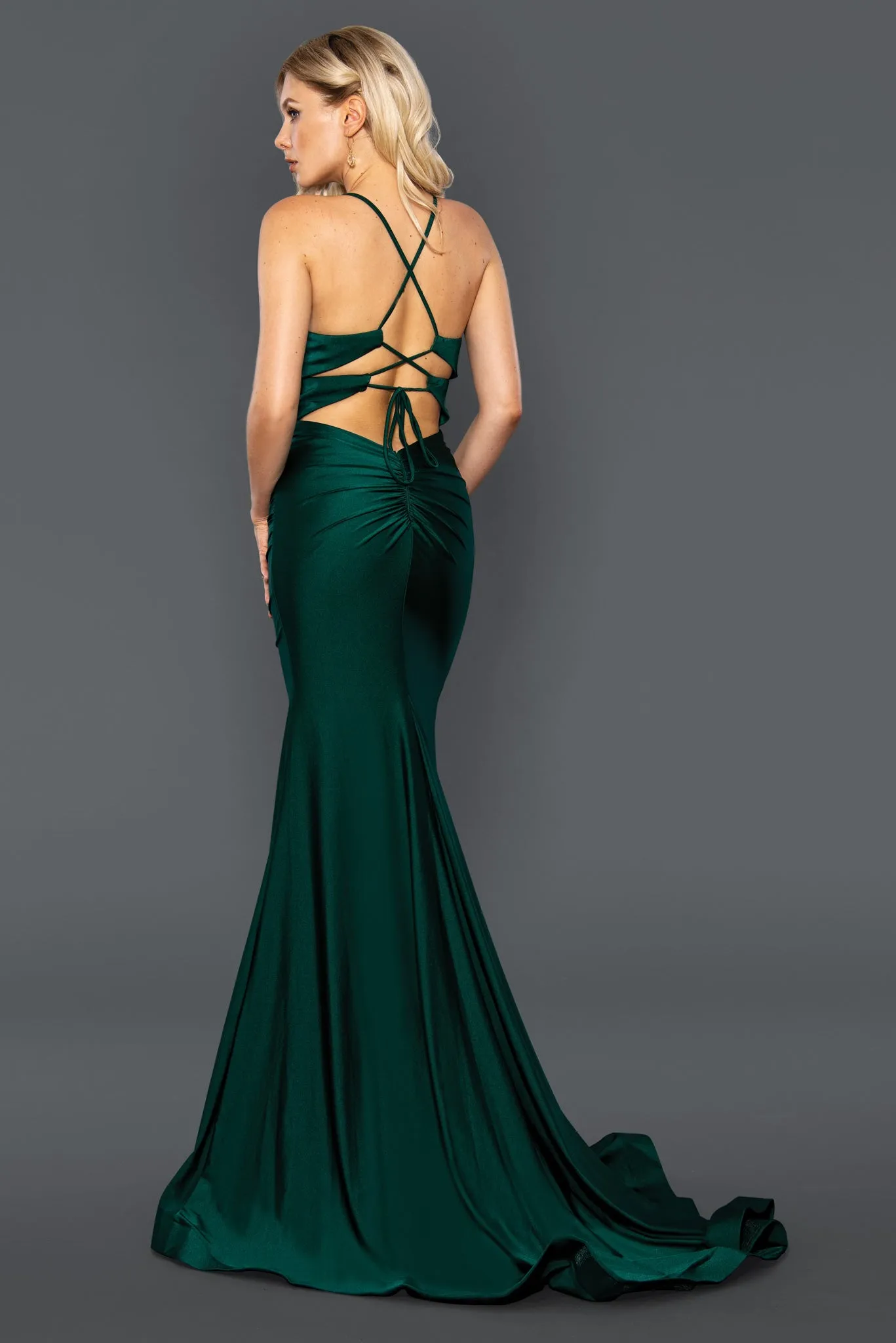 Stella Couture 22037 Long Fitted Ruched Prom Dress Formal Evening Gown Slit