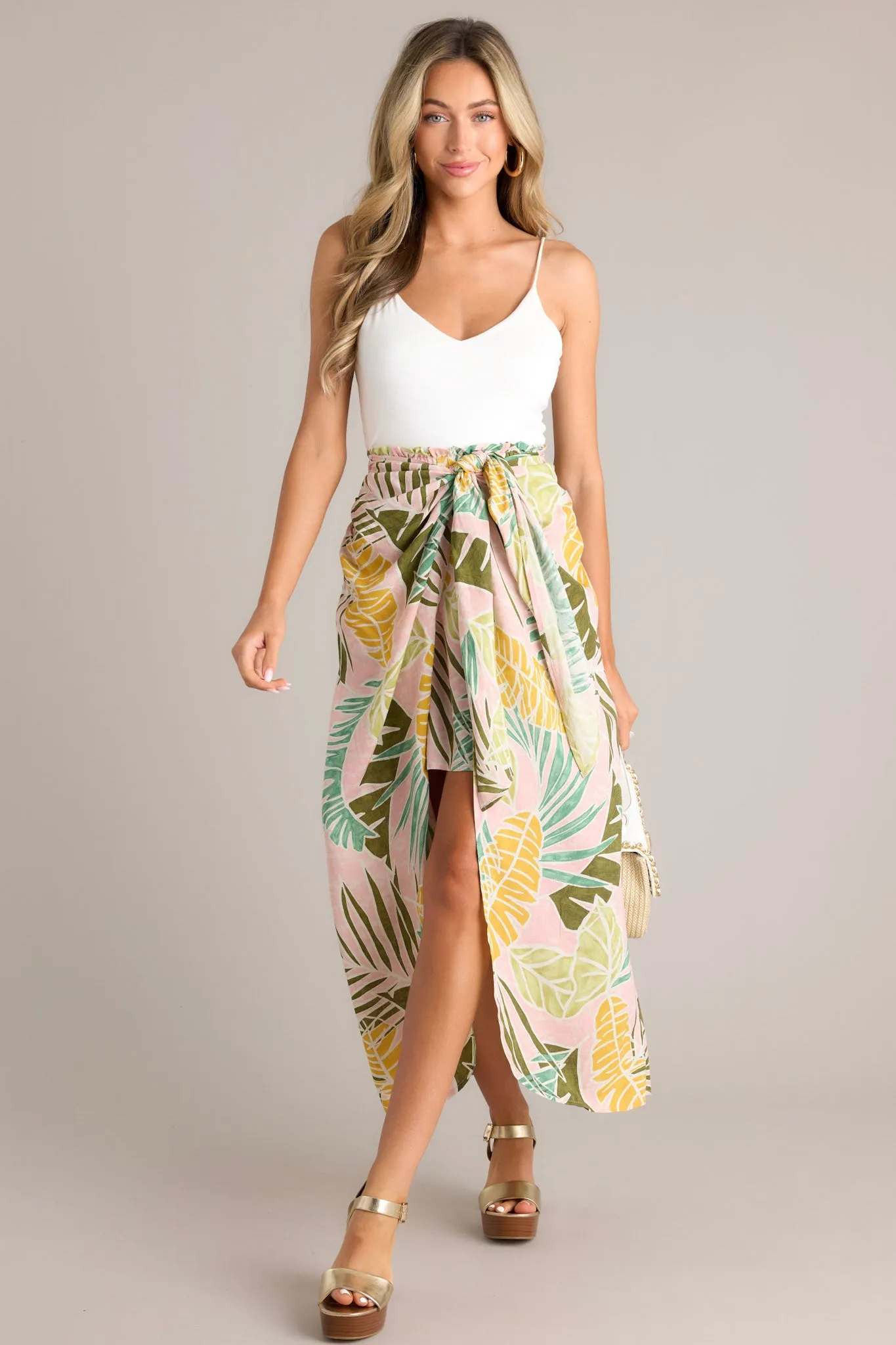 Sunshine Retreat Dusty Pink Tropical Print Wrap Skirt