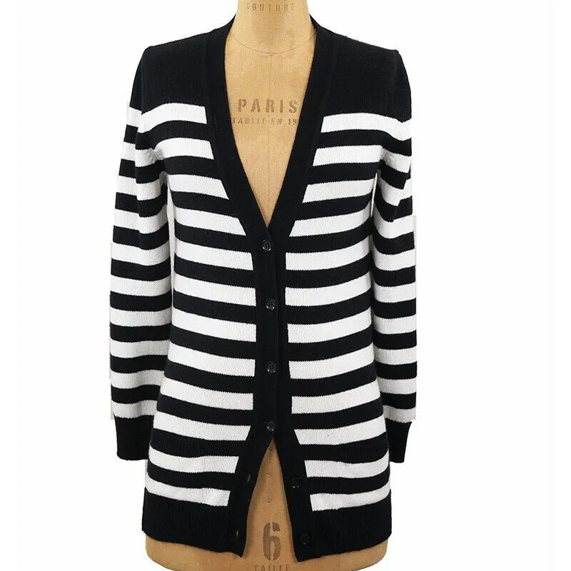 sz XS NEW $1,990 SAINT LAURENT Black White 100% CASHMERE Knit CARDIGAN SWEATER