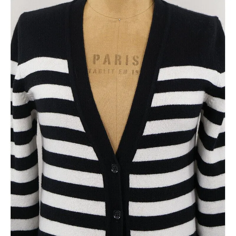 sz XS NEW $1,990 SAINT LAURENT Black White 100% CASHMERE Knit CARDIGAN SWEATER