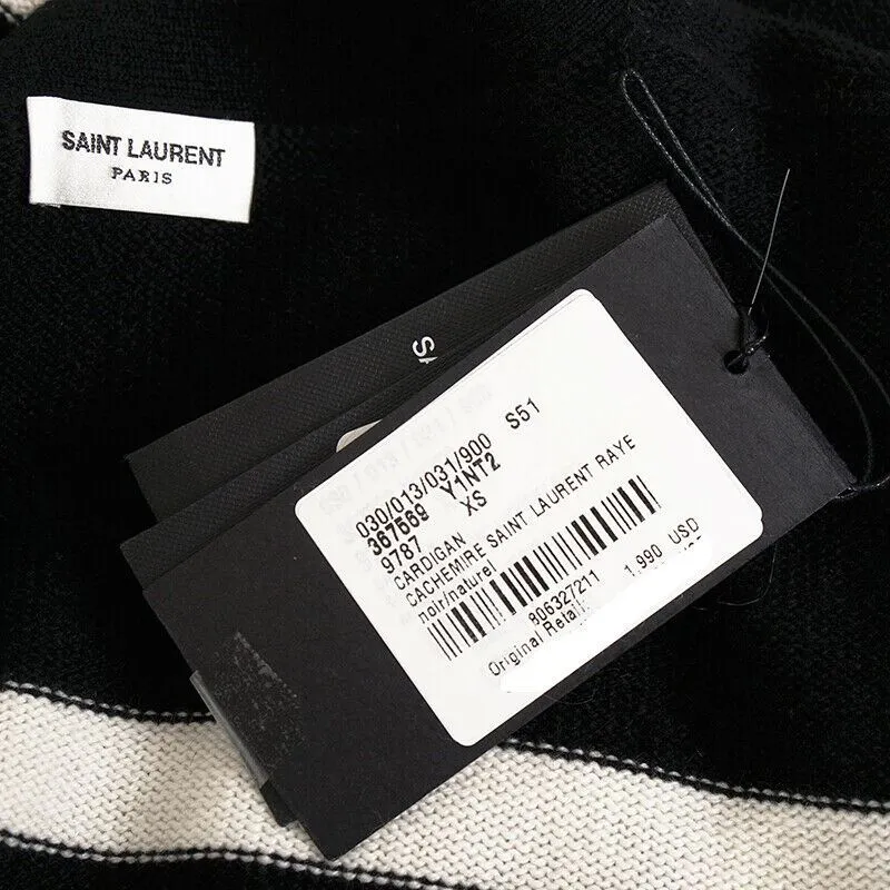 sz XS NEW $1,990 SAINT LAURENT Black White 100% CASHMERE Knit CARDIGAN SWEATER