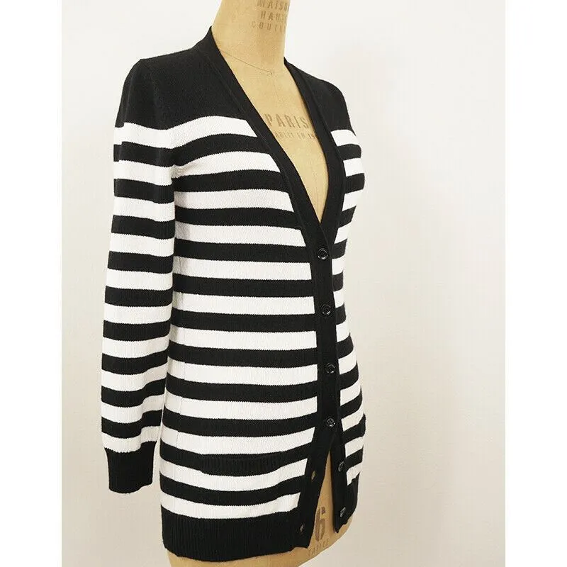 sz XS NEW $1,990 SAINT LAURENT Black White 100% CASHMERE Knit CARDIGAN SWEATER