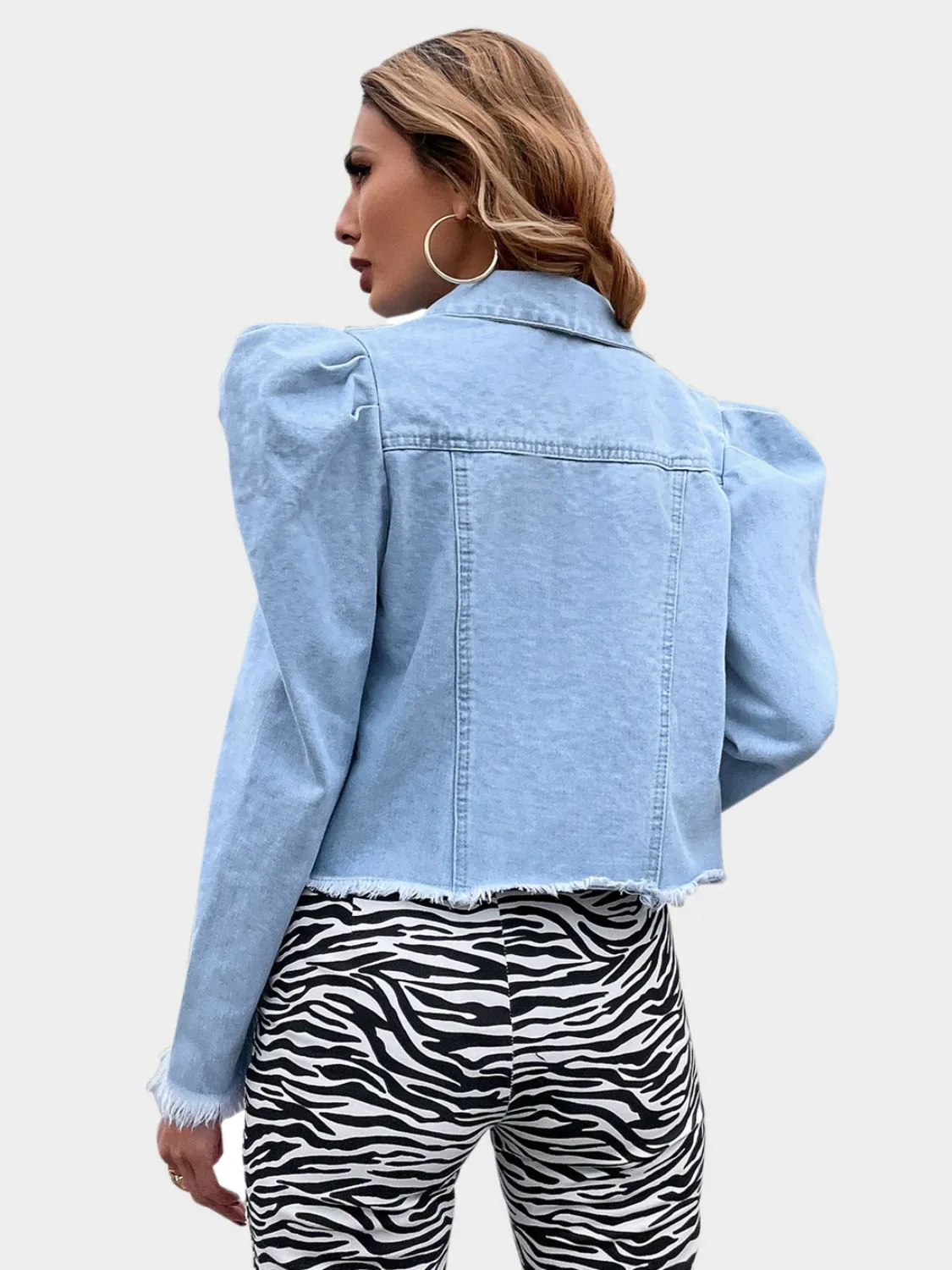 TEEK - Raw Hem Collared Neck Puff Sleeve Denim Top