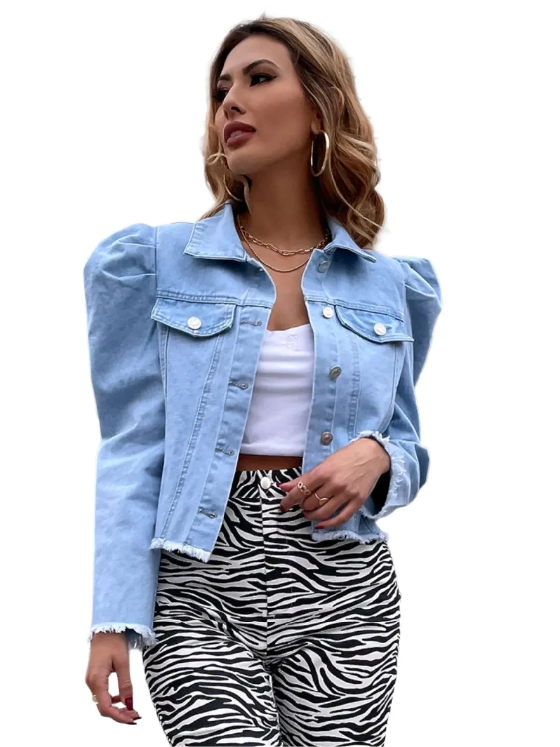 TEEK - Raw Hem Collared Neck Puff Sleeve Denim Top