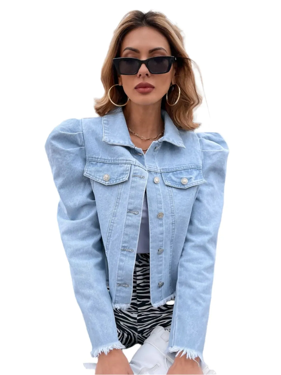TEEK - Raw Hem Collared Neck Puff Sleeve Denim Top