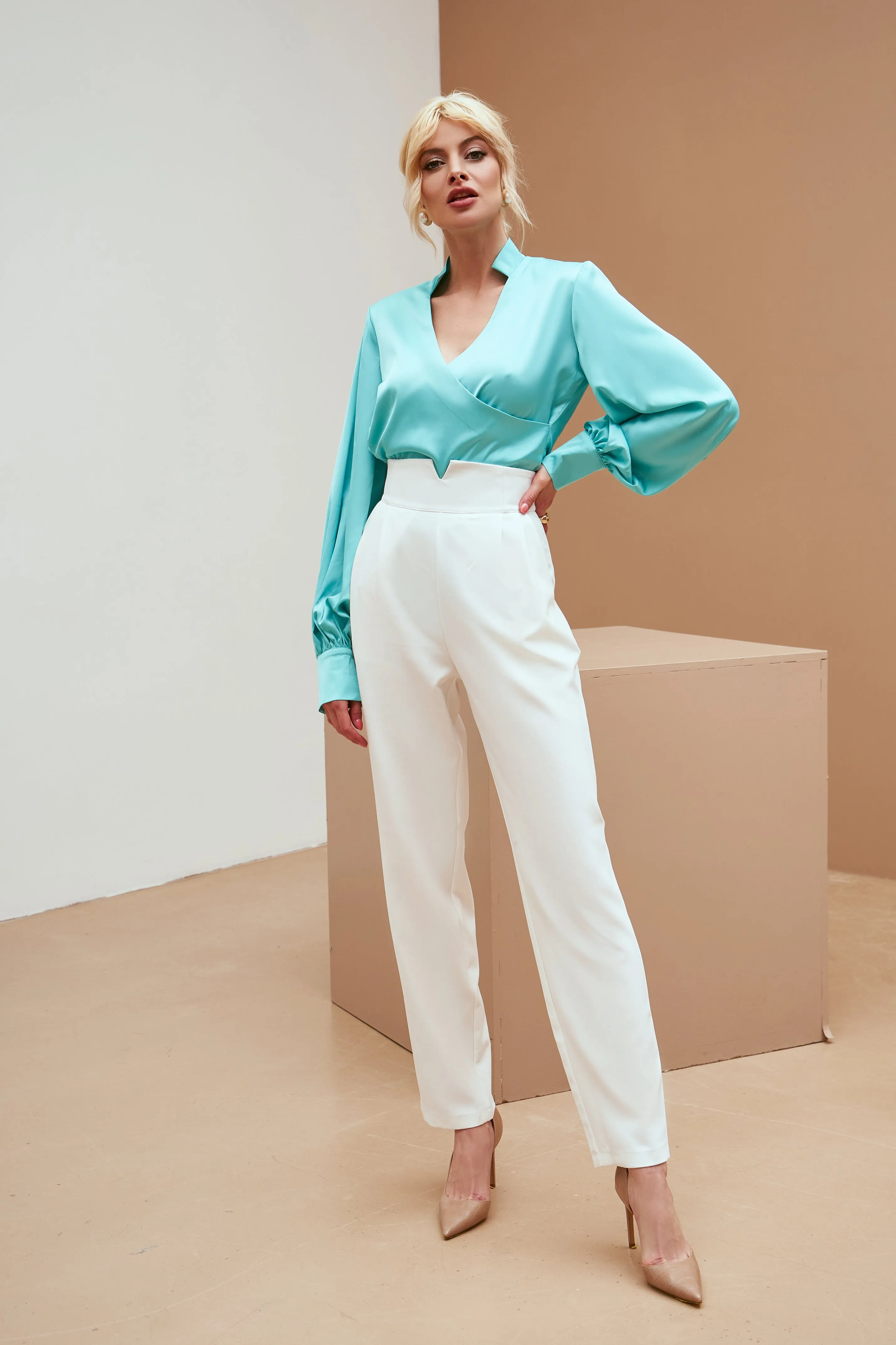 Tiffany-Blue Silk Puff-Sleeve Wrap Blouse