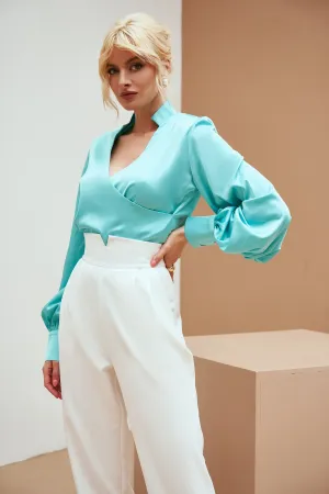 Tiffany-Blue Silk Puff-Sleeve Wrap Blouse
